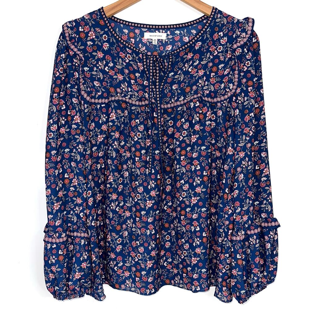 Max Studio Crepe Peasant Floral Ruffle Long Sleeve Front Tie Top Size Medium